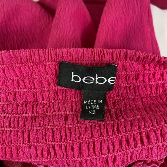 Bebe XS Hot Pink halter top bling rhinestone/ beads silk fabric ties @ neck - Picture 8 of 8